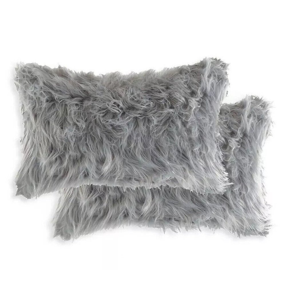 Luxe Faux Fur Animal Free 2 PACK BELTON Gray Throw Pillow 20" X 12" MSRP $129